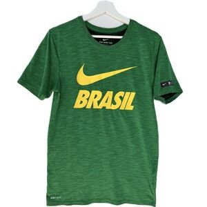 Nike Brasil Dri Fit T Shirt Green Yellow Soccer Mens Small Athletic Cut Tee